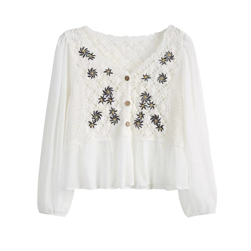 Áo Kiểu Chiffon Tay Phồng Dài Cổ Chữ V Thêu Hoa Cúc Phối Nút Thời Trang Cho Nữ