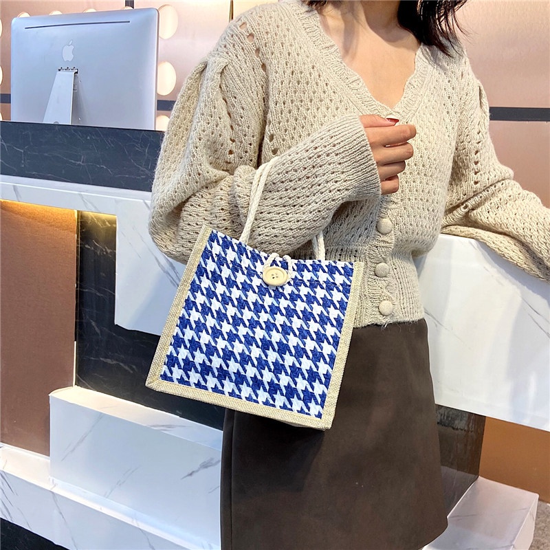 Túi Vải Canvas Đựng Hộp Cơm Họa Tiết Caro Dễ Thương