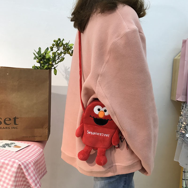 Túi Đeo Chéo Hai Lớp Thêu Họa Tiết Hoạt Hình Sesame Street / Báo Hồng Dễ Thương Phong Cách Hàn Quốc Cho Nữ