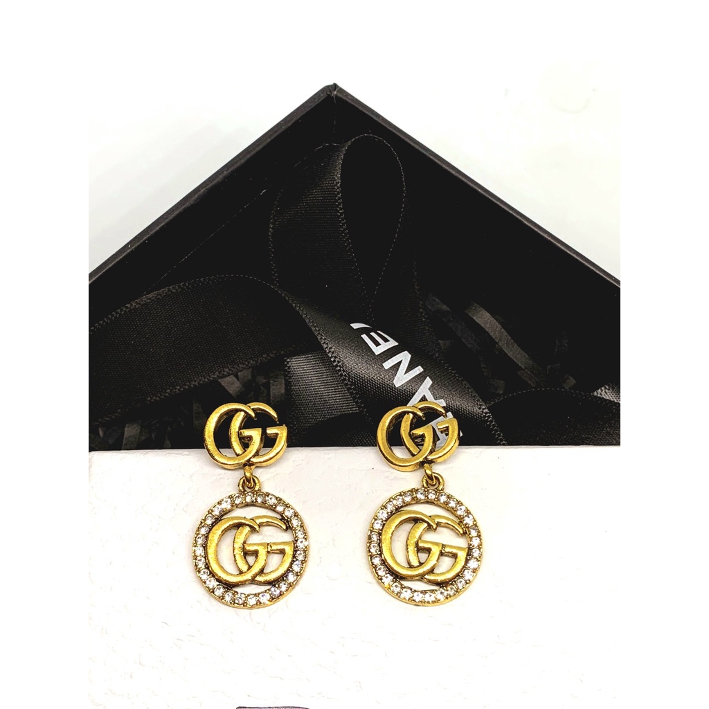 Khuyên tai nữ thương hiệu GG thả dài đính đá mạ vàng sanh chảnh TB459 TOBI STORE