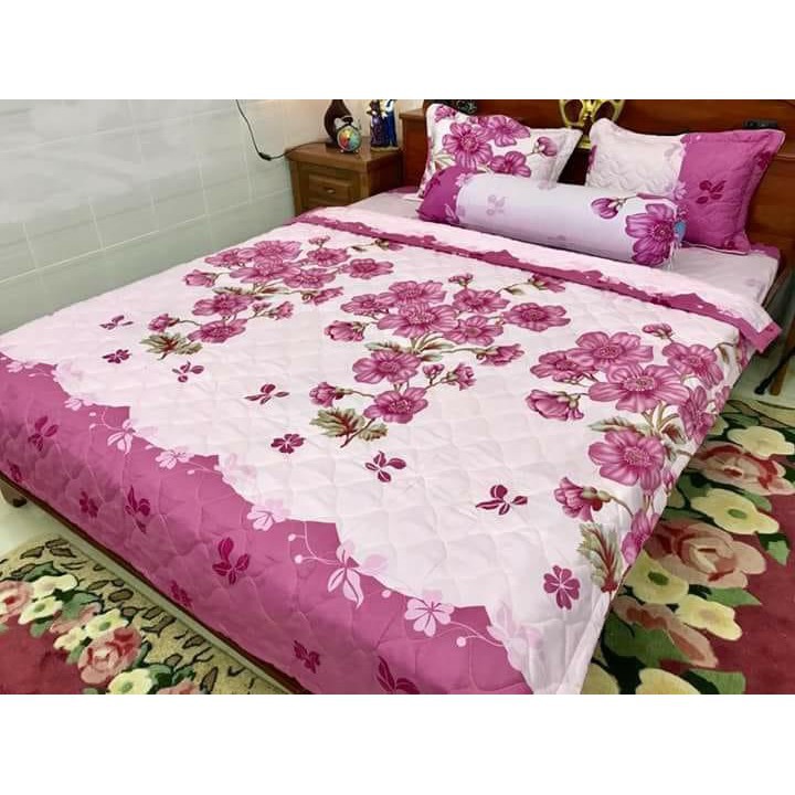 [Sales 50%] Chăn ga gối - drap giường cotton poly hoa đào bộ 5 món
