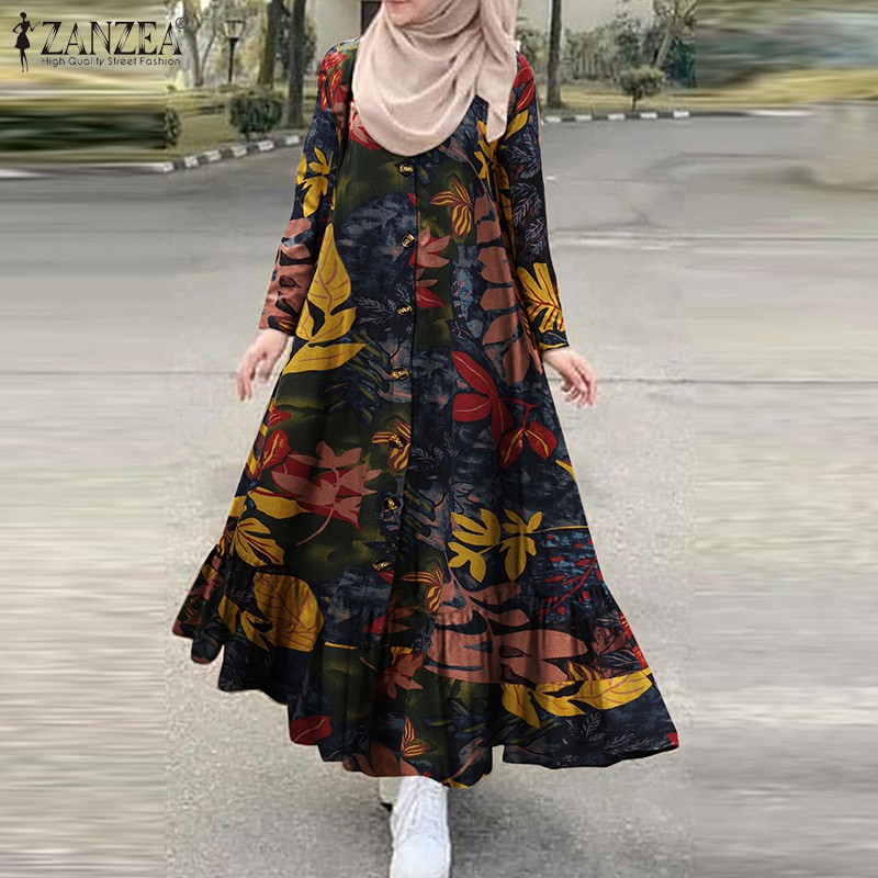 Đầm Maxi ZANZEA Tay Dài Họa Tiết Cổ Điển Cho Phụ Nữ Hồi Giáo