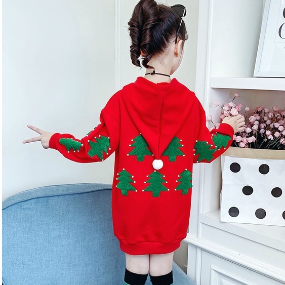 áo len lông cừu cho bé gái thu đông 2022 mới mùa đông và phiên bản hàn quốc của bé trai và bé gái sành điệu màu đỏ lưới kiểu dáng dài nước ngoài