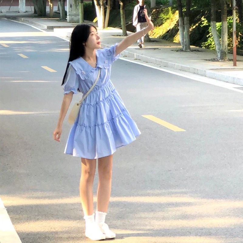 Đầm Tay Phồng Cổ Búp Bê Ghép Mảnh Màu Trơn Phong Cách Hàn Quốc Ngọt Ngào Dễ Thương Mùa Thu Dành Cho Bạn Nữ Sinh