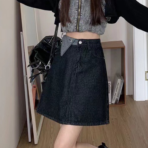 Chân váy cạp cao chữ A, chân váy jeans kaki dáng ngắn_v9