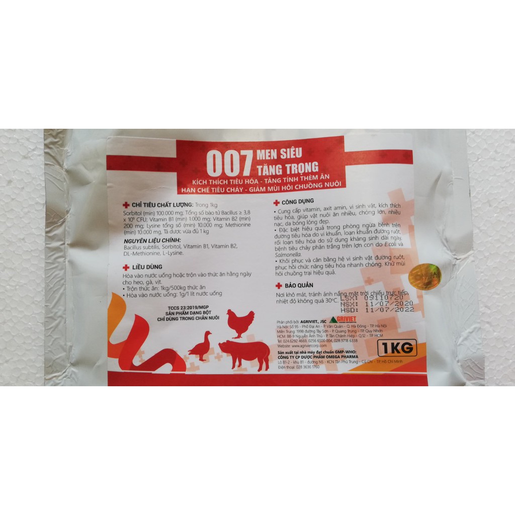 1kg Men Siêu Tăng Trọng 007- 5 trong 1 dùng cho gia súc, gia cầm, Chó mèo