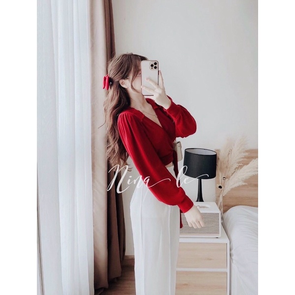 Set áo đỏ thắt nơ mix quần ống suông công sở