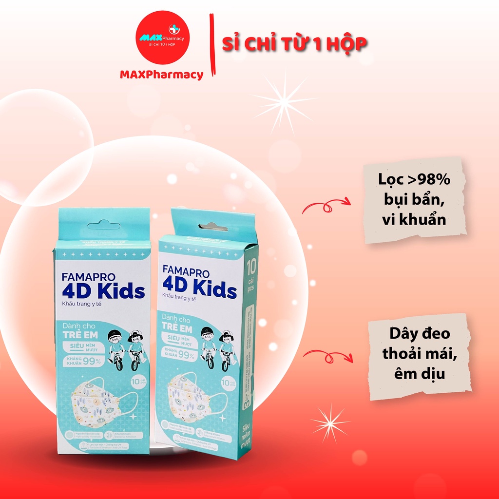 COMBO 10 HỘP Khẩu trang y tế kháng khuẩn cho bé FAMAPRO 4D kids bé từ 4-10 tuổi