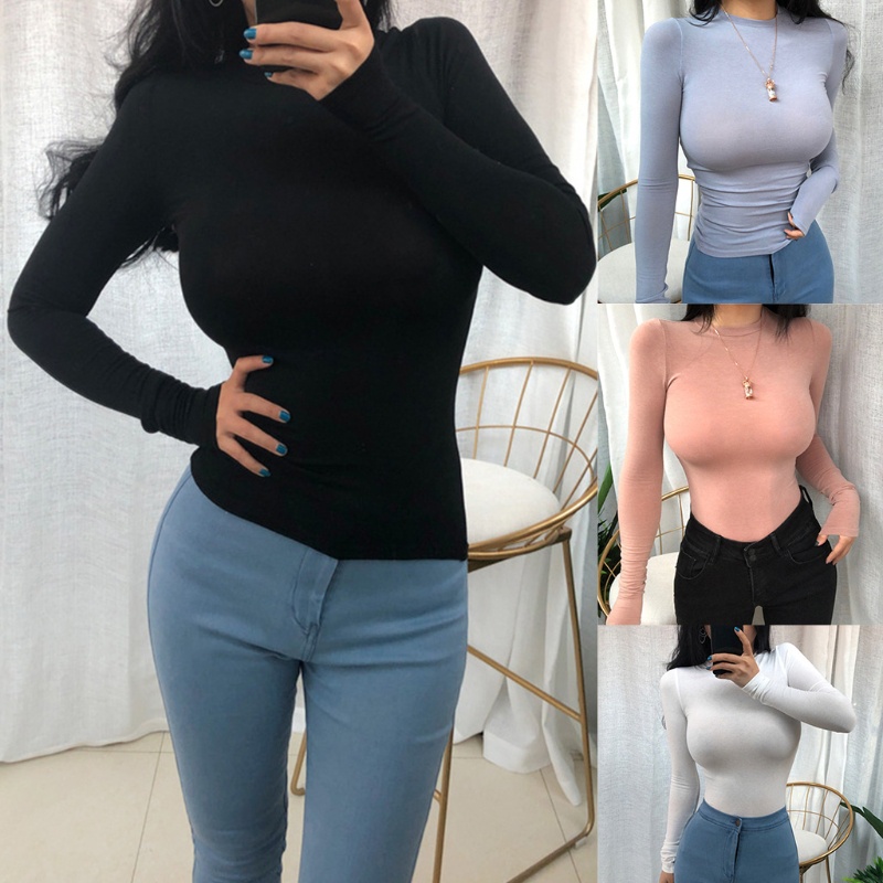 Áo Thun Mỏng Tay Dài Cổ Tròn Màu Sắc Đơn Giản Cho Nữ