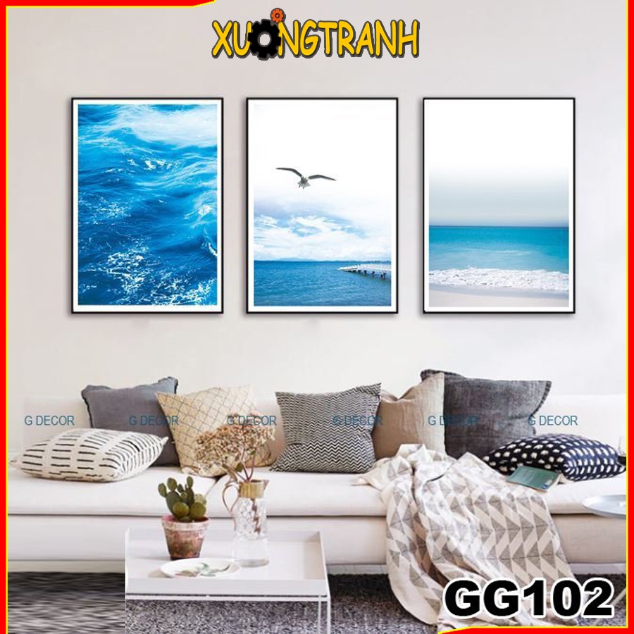 Tranh treo tường canvas 3 bức phong cách Bắc Âu 102, tranh cảnh biển trang trí phòng khách, phòng ngủ, phòng ăn,spa.
