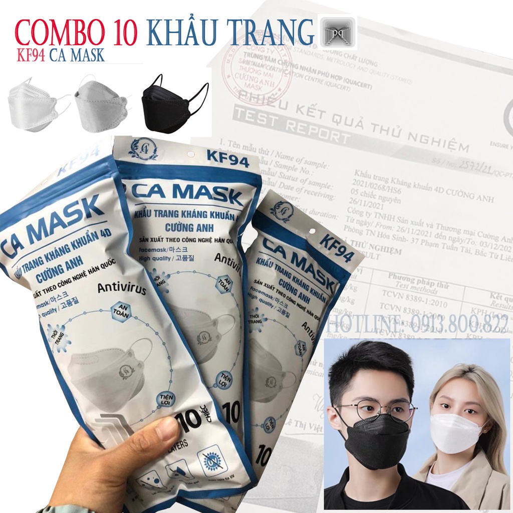 Combo 10 Khẩu Trang KF94 CA Mask Cao Cấp, Chống Bụi Mịn, Kháng Khuẩn Cao Cấp, sản xuất theo công nghệ Hàn Quốc mới nhất