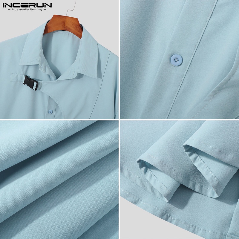 INCERUN Áo Sơ Mi Tay Ngắn Cài Khuy Thiết Kế Bất Đối Xứng Thời Trang Cá Tính Cho