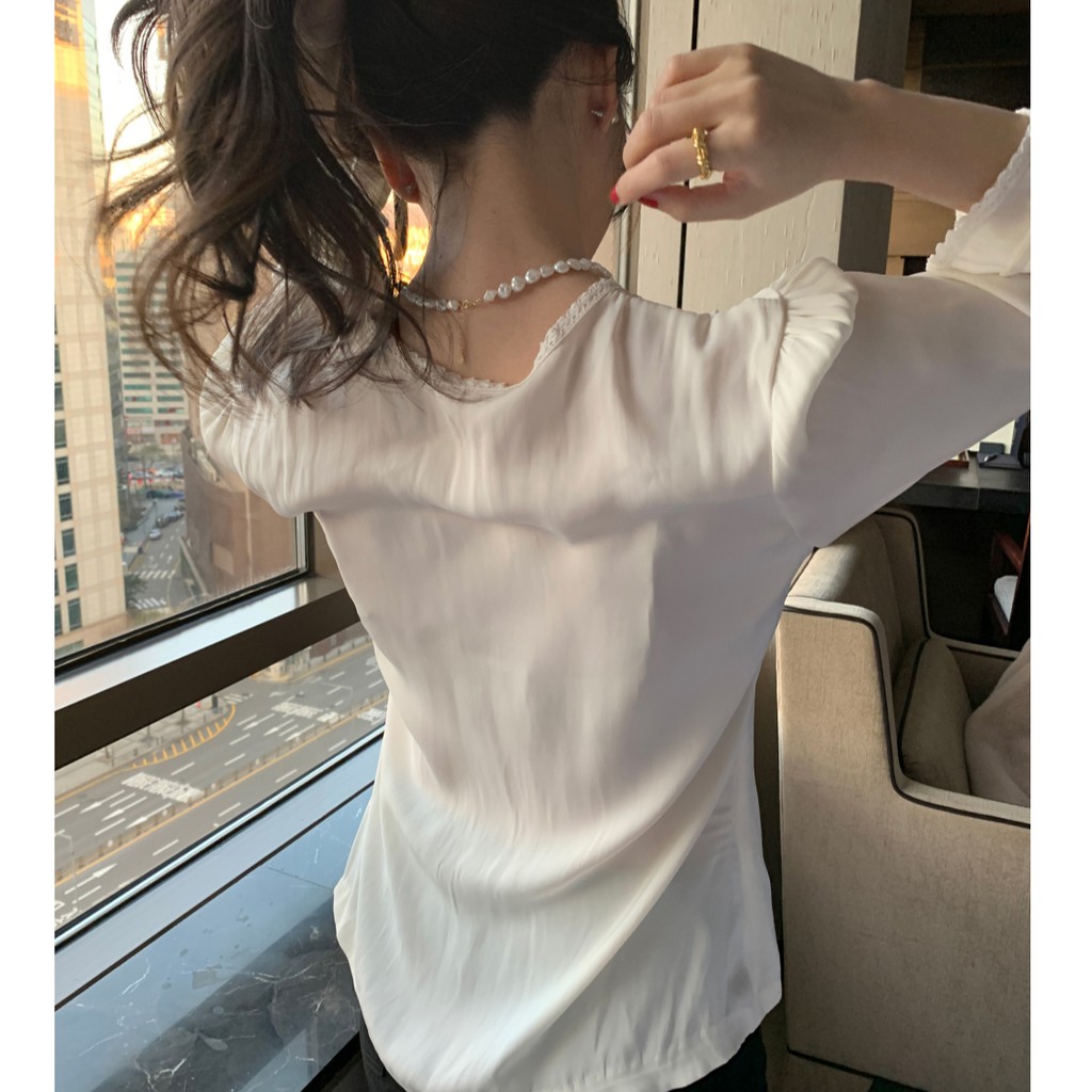 Áo sơ mi tay dài cổ chữ V phối ren thời trang dành cho phái nữ 42456v