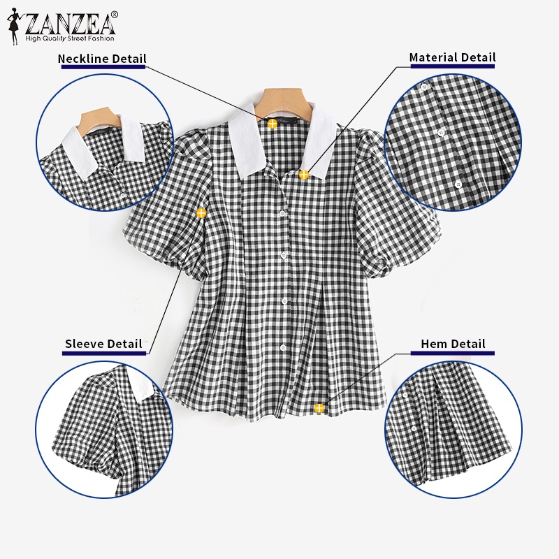 ZANZEA Áo Kiểu Tay Phồng Ngắn Cổ Bẻ Xếp Ly Họa Tiết Kẻ Sọc Phong Cách Hàn Quốc Thời Trang Cho Nữ