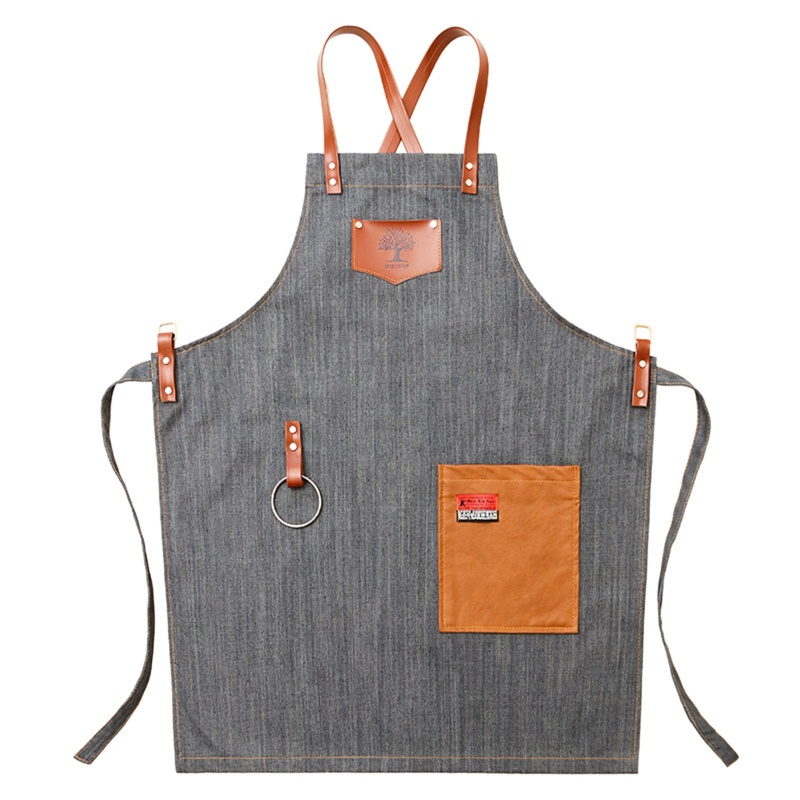 HIK Cooking Apron Cowboy Apron Korean Fashion Hair Barista Tea Shop Waiter Overalls Men's Denim Apron for Chef, Kitchen, BBQ and Kitchen Supplies