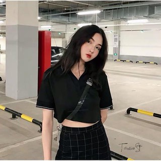 Áo thun nữ | Áo thun croptop màu đen có cổ
