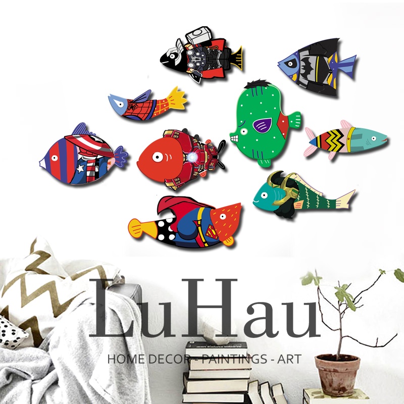 Bộ tranh cá dán tường siêu nhân decor phòng ngủ, cá dán tường siêu anh hùng trang trí phòng bé