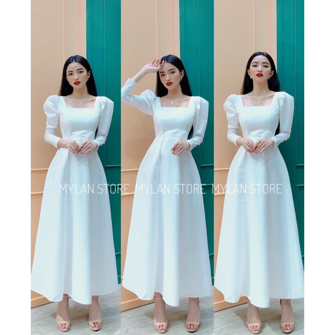 ĐẦM THIẾT KẾ MYLAN STORE MÀU TRẮNG TAY DÀI CHẤT LỤA CAO CẤP