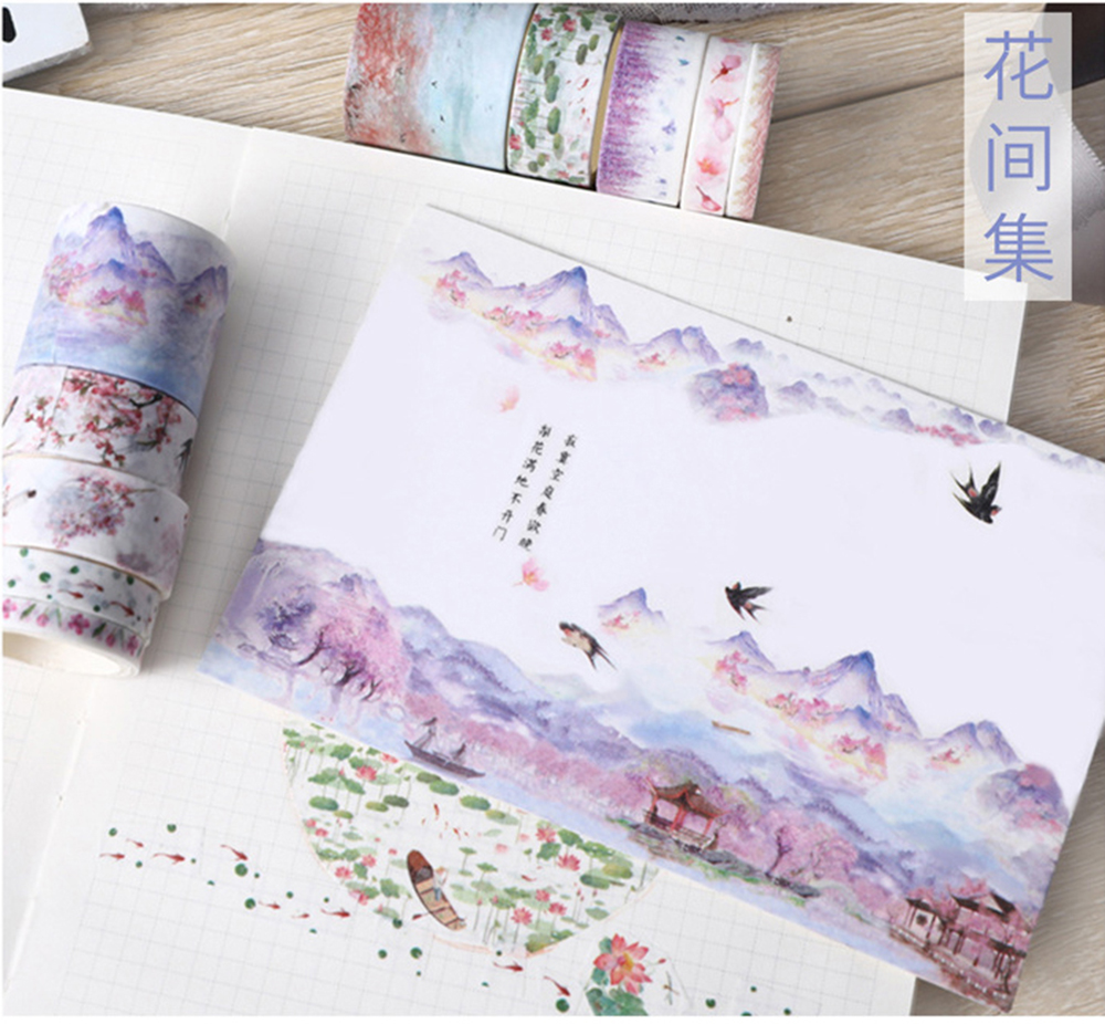 Bộ 10 cuộn băng washi dán trang trí in họa tiết cây cỏ & chim hồng hạc
