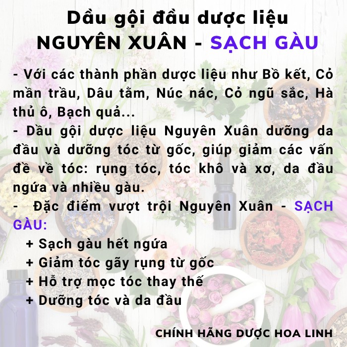 Dầu gội Dược liệu Nguyên Xuân Sạch Gàu 350ml cho mái tóc sạch gàu, hết ngứa mà vẫn mềm mại, suôn mượt, bồng bềnh