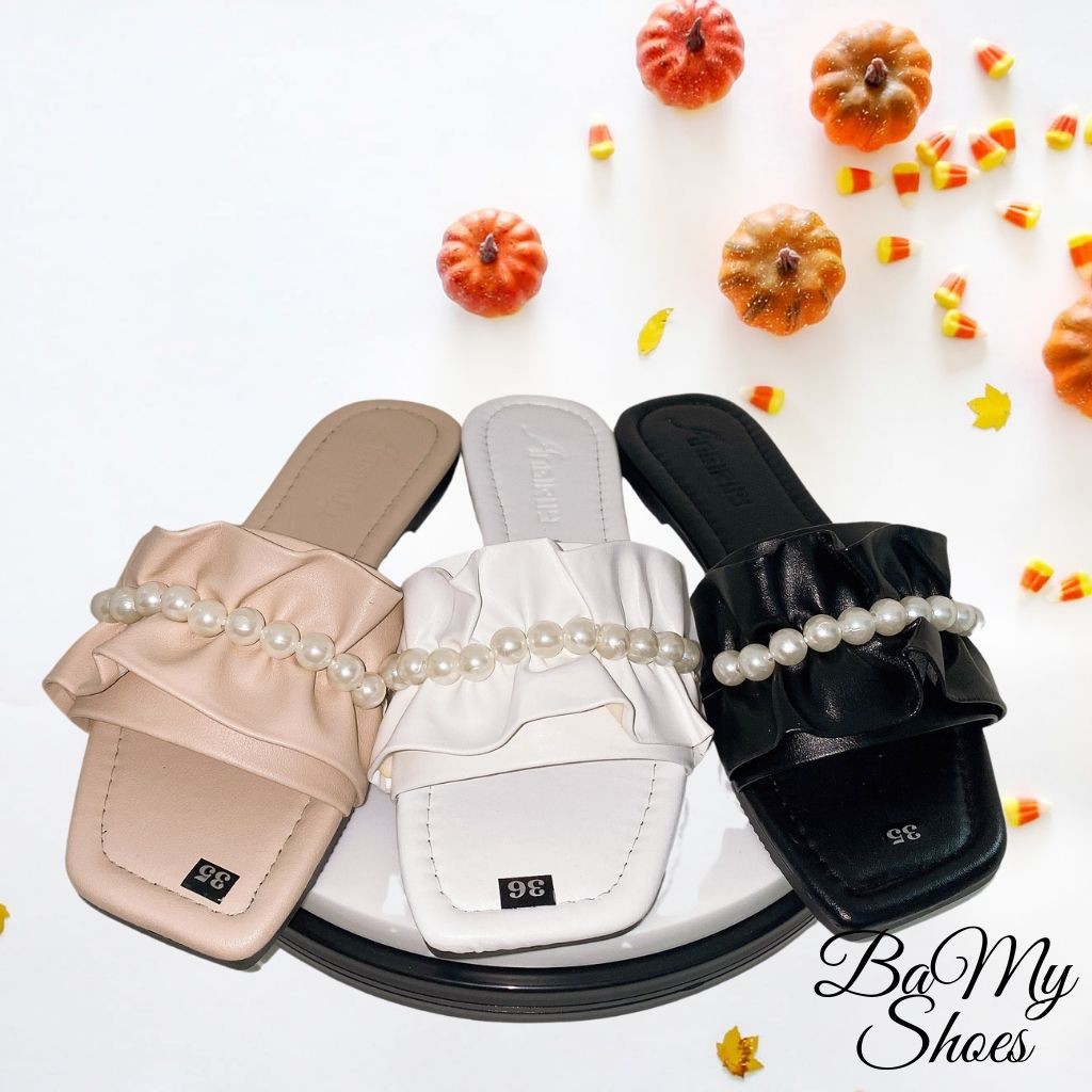 Dép lê nữ nhún nơ bèo đính ngọc châu, dép ulzzang phong cách tiểu thư đi biển, đi chơi cute - BaMy Shoes