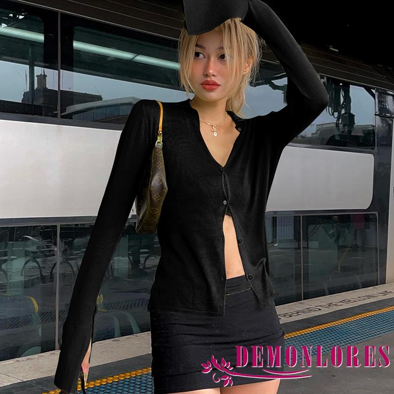 Demonlores-Women´s Button Down Tops Long Sleeve V Neck Solid Color Lapel Shirt Thin Cardigan