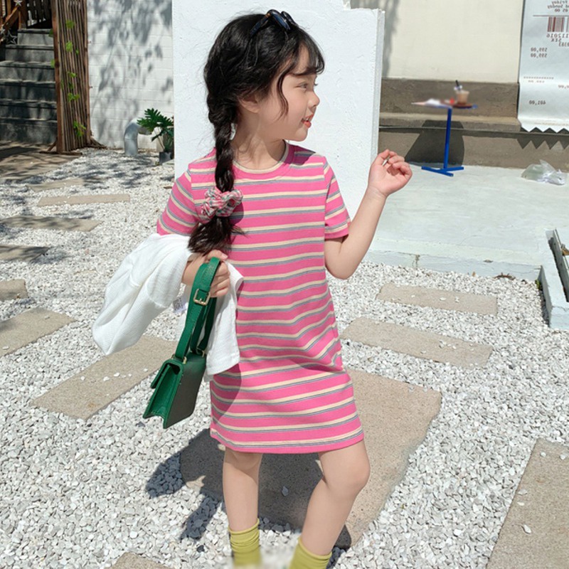 Đầm Công Chúa Tay Ngắn Kẻ Sọc Thời Trang Mùa Hè Hàn Quốc Dành Cho Bé Gái Se7en