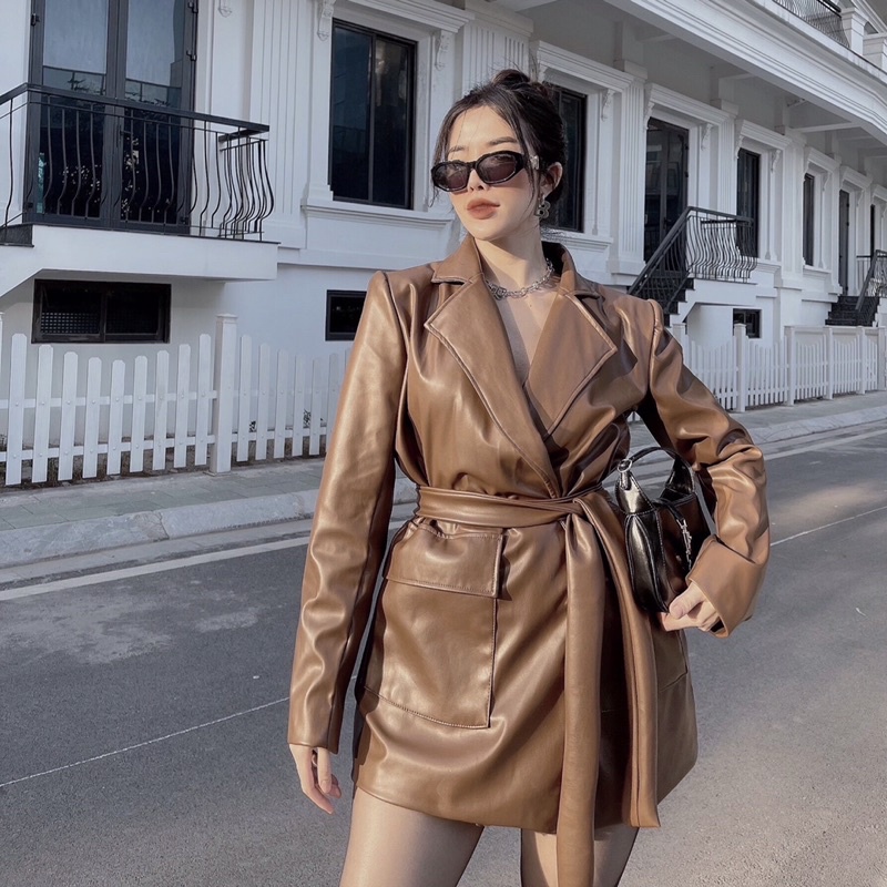 Áo vest da nâu hai túi vuông đai thắt eo Thuyngothanh Store