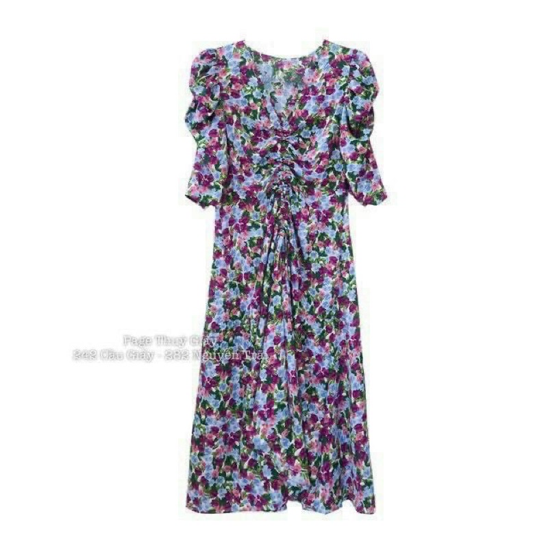 Váy maxi hoa tím đâm tay lửng rút giữa cổ V quyến rũ