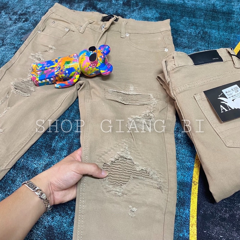 Quần jean vá nhăn màu nâu,quần bò vá nhăn rách gối