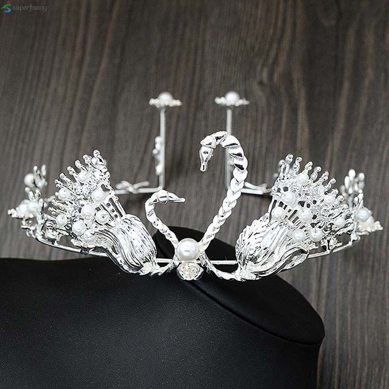 Vintage Bride Crown Women Swan Beads Decor Headdress Shining Princess Wedding Crown