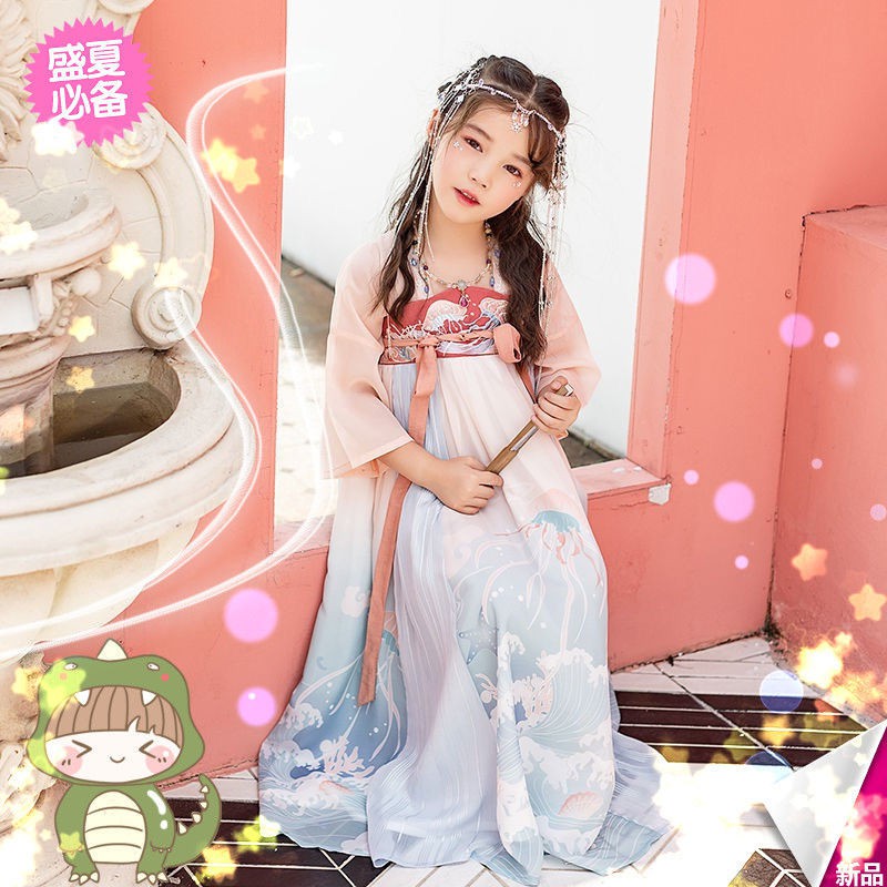 váy dàiváy trẻ em✽▫Quần áo nữ Hanfu cải tiến ban đầu, gương nhỏ đi biển, đầm voan ngực, các mẫu dành cho trẻ em p