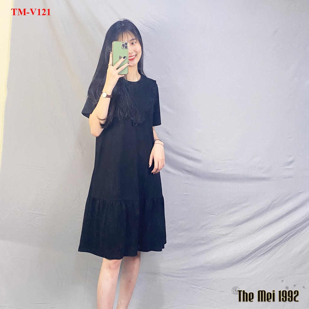 Váy thun suông nữ The Mei 1992 - Đầm bầu bigsize cố tròn kèm viền bèo dáng đuôi cá chất cotton thoáng mát | BigBuy360 - bigbuy360.vn