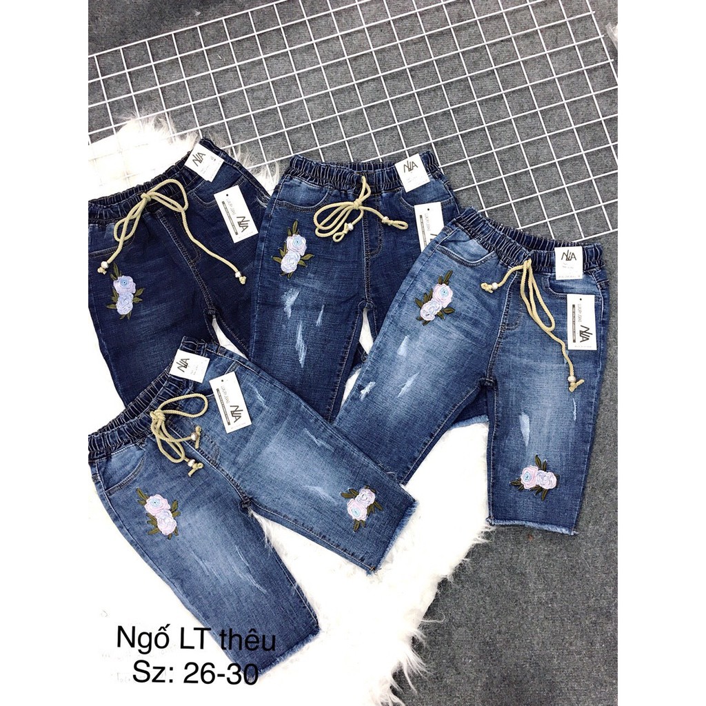 5 Quần jeans nữ ống ngố lưng thun thêu - N75 [Chuyên Sỉ]