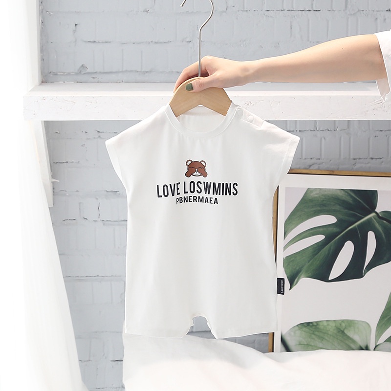 Áo Liền Quần Bằng Cotton Tay Ngắn In Chữ Và Gấu Hoạt Hình Dễ Thương Dành Cho Bé 0-2 Tuổi
