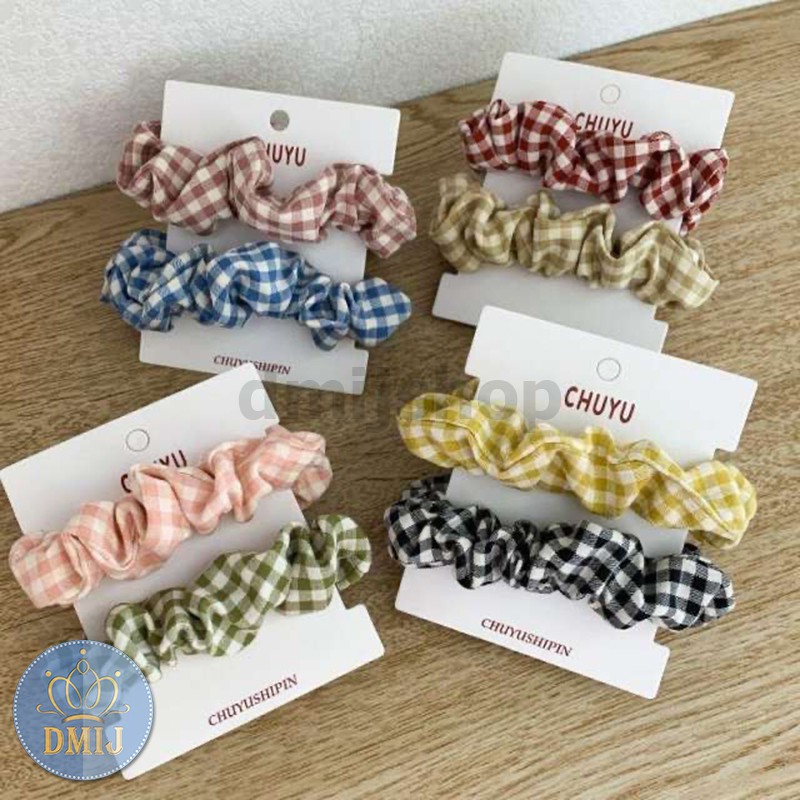 Set 2 Cột Tóc Vải Scrunchies Họa Tiết Caro Nhỏ