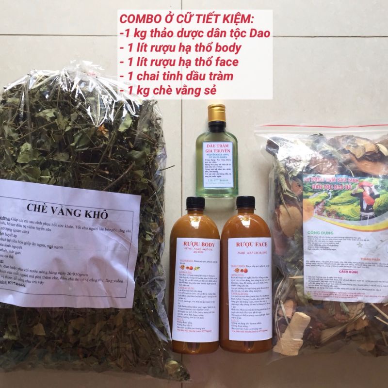 COMBO Ở CỮ PHỤC HỒI SAU SINH (Lá xông tắm gội dân tộc Dao + Chè vằng lợi sữa+Tinh dầu tràm+Rượu hạ thổ cho body & mặt)