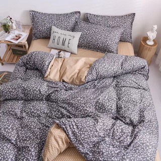 Bộ chăn ga poly cotton hoa dây xám ga chấm bi vàng