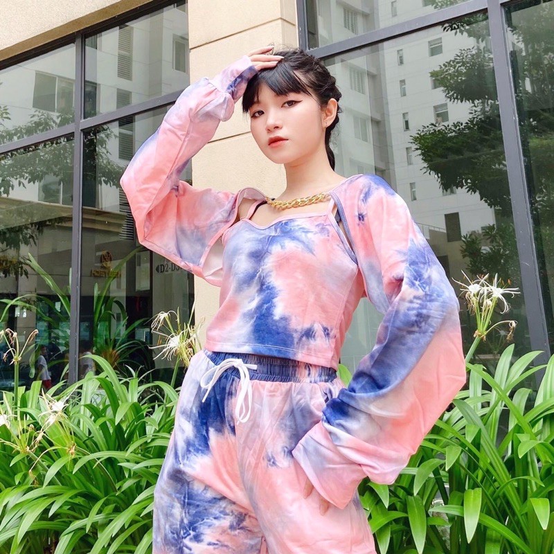 Set áo khoác croptop tiedye bò sữa