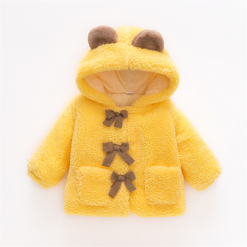 Áo Khoác Tay Dài Đính Nơ + Mũ Trùm Đầu Chống Gió Giữ Ấm Mùa Đông Dễ Thương Cho Bé Gái