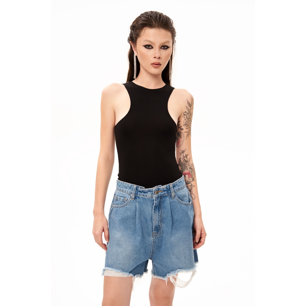 Quần jeans nữ rách form eo cạp trễ, là min - PLEATED DENIM SHORTS - BLUE