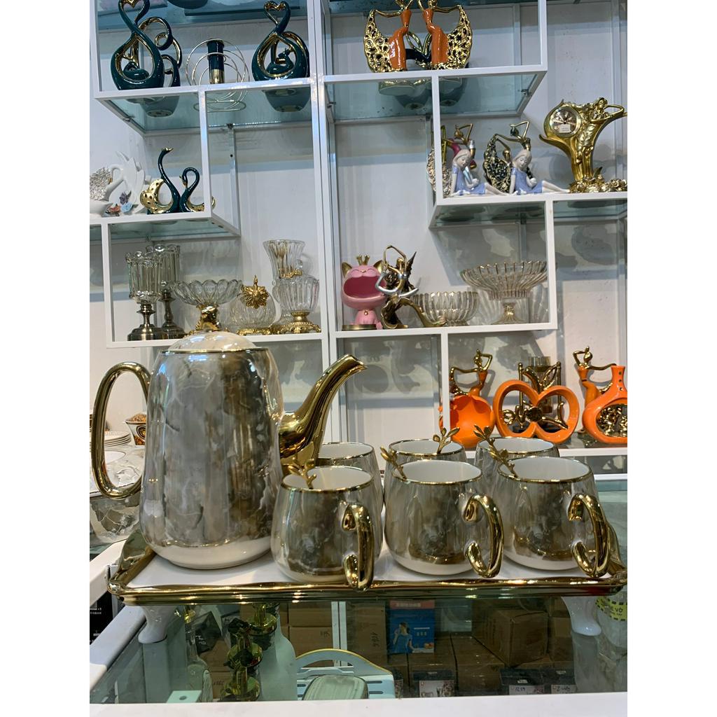 [ĐẶC BIỆT] Bộ trà ấm chén sứ vân đá tặng kèm 6 muỗng cafe. bộ tách pha trà màu vân ghi phong cách hiện đại