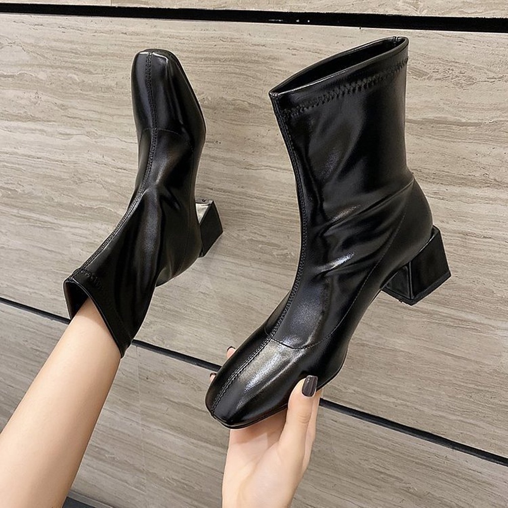 Giày Bốt Martin Nữ Ulzzang, Giày Bốt Da Mũi Vuông Cổ Ngắn Gót Vuông Dày 3cm Vintage, Hàn Quốc - Iclassy_shoes