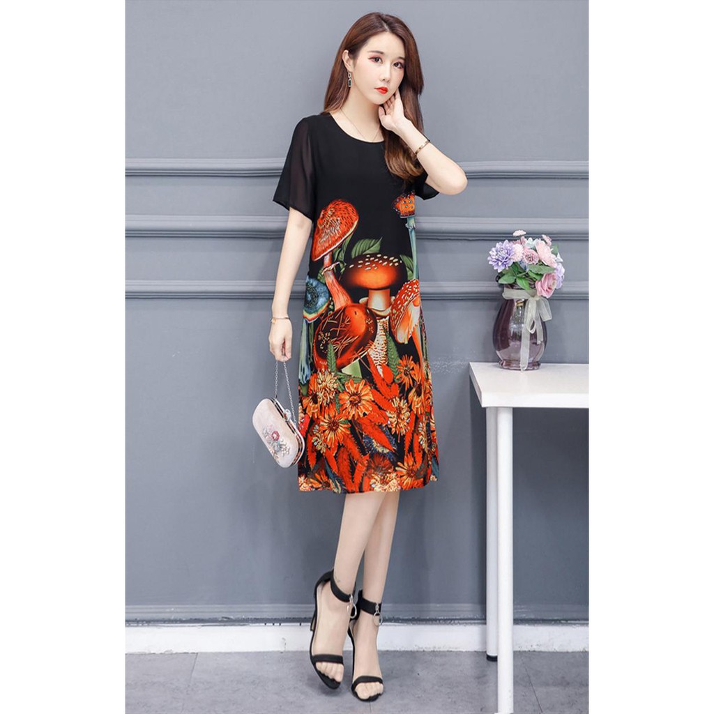 [SIZE M--> 3XL TỚI 73KG  ĐẸP - RẺ- CHẤT ]  - ĐẦM SUÔNG BIGSIZE KIỂU ĐẦM SUÔNG VOAN 2 LỚP IN HỌA TIẾT NẤM D3209