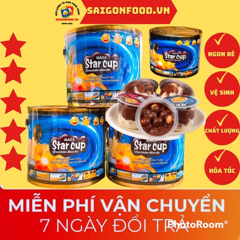 Bánh Quy Socola Kem - Chocolate Sữa Star Cup Maoji [Xô Lớn 100 Chén] Thái Lan Kèm Muỗng Siêu Ngon Đáng Yêu Cho Trẻ Em