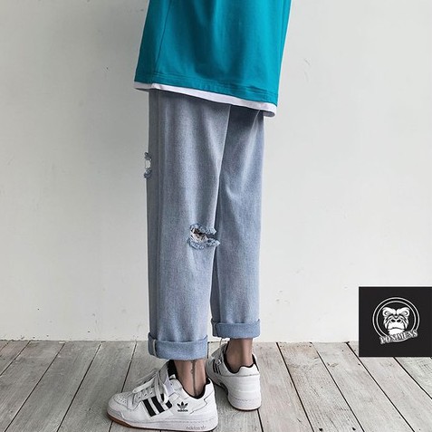 Quần jean baggy nam nữ ống rộng rách gối xanh nhạt 2020 | BigBuy360 - bigbuy360.vn