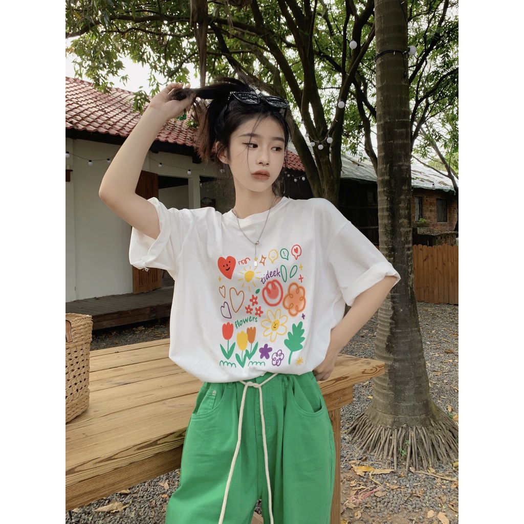 Áo Thun Ngắn Tay Cổ Tròn In Họa Tiết Hoạt Hình graffiti Phong Cách Hàn Quốc Dễ Phối Đồ Thời Trang Mùa Hè Cho Nữ