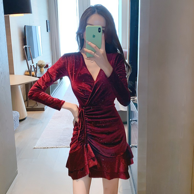 🌸Hàng Order🌸Váy Nhung Rút Eo Cổ V Sexy Lấp Lánh 🌸Hàng Quảng Châu