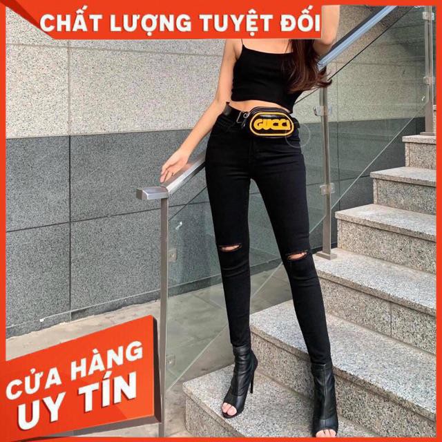 QUẦN JEANS Skinny ĐEN ôm RÁCH GỐI - chất mềm giãn