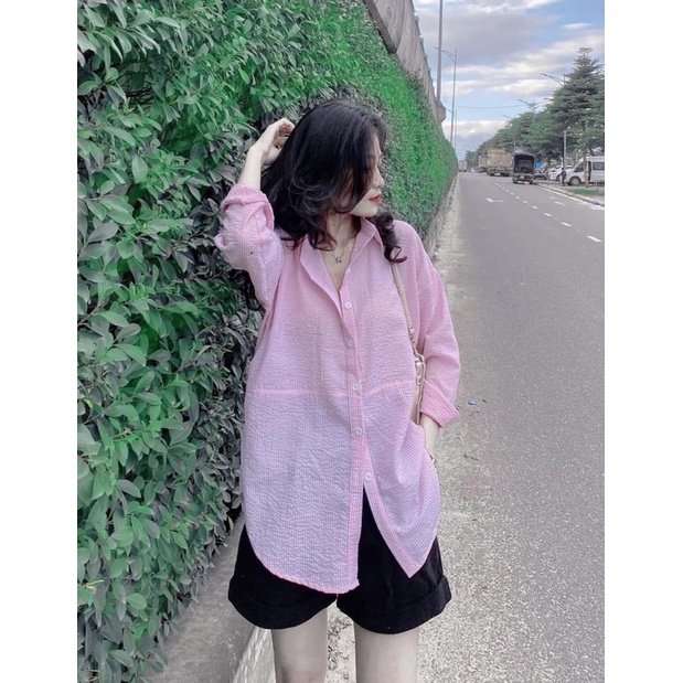 Áo sơ mi kẻ Hồng free sz